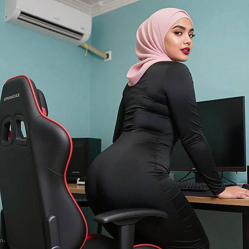 Curvy Woman in Pink Hijab and Black Dress