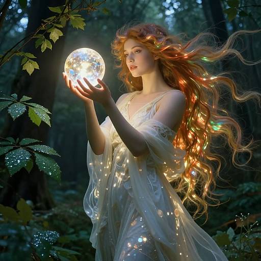Fairy-like woman with long, glowing red hair holding a radiant, glowing orb in a dark, enchanted forest. Wearing a translucent white dress.
