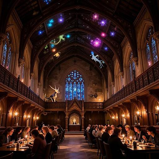 Photograph of a dimly lit, Gothic-style church hall with colorful star and animal projections on the vaulted ceiling, people seated at candlelit tables
