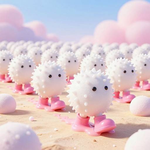 Photograph of numerous white, fluffy, spherical creatures with pink feet and black eyes, standing in a sandy desert under a bright blue sky with pink clouds