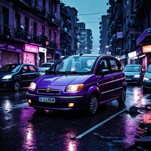 Purple Car on Rainy City Street at Night