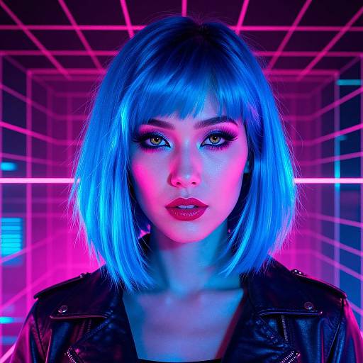 Neon-lit photograph of a young Asian woman with vibrant blue bob, wearing a black leather jacket, against a grid background. Bright pink and blue