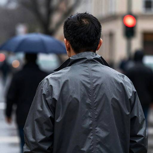 Urban Rain Scene with Man in Raincoat