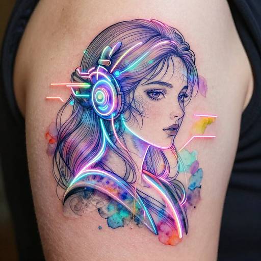 Digital tattoo of a woman with glowing neon headphones, colorful watercolor splashes, and intricate linework on a human arm.