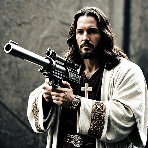 Jesus with Gatling Gun, Engraved Cross