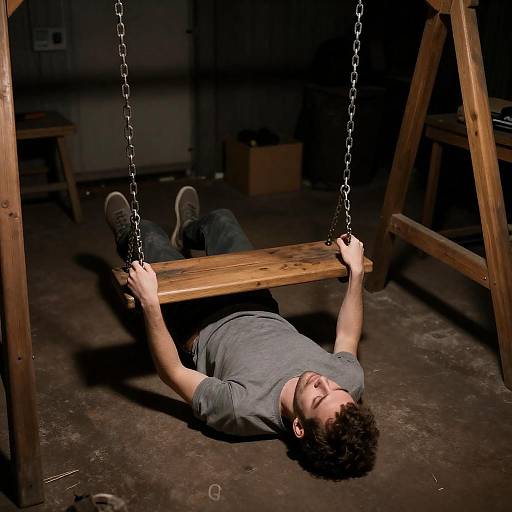 Man Lying Under Wooden Swing in Dim Basement
