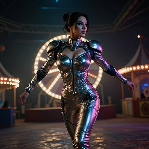 Photorealistic CGI image of a confident woman in a shiny, metallic silver bodysuit with exaggerated shoulder pads, walking in a dimly lit circus