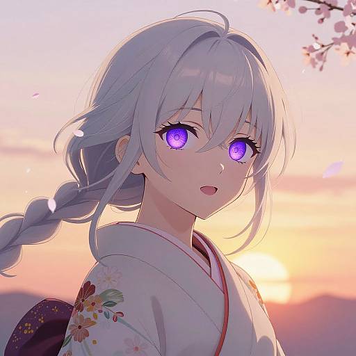 Anime Girl with Silver Hair and Kimono
