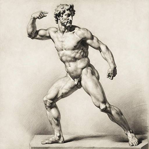 Black-and-white sketch of a muscular, bearded man flexing his bicep, standing in a dynamic pose, detailed shading, classical art style