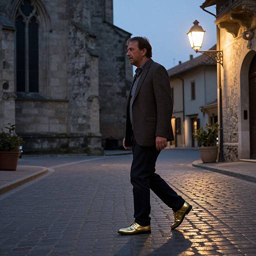 Photograph of a middle-aged man in a brown suit, black pants, and yellow shoes walking on a cobblestone street at dusk, with a
