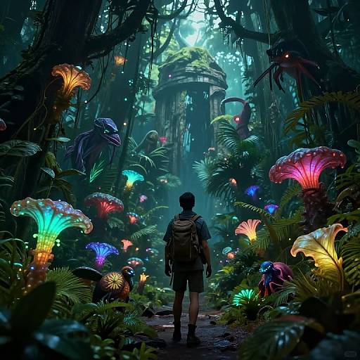 Digital artwork of a lone adventurer with a backpack, standing in a mystical, bioluminescent jungle with glowing mushrooms and ferns, illuminated by colorful