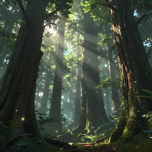 Photograph of a dense, sunlit forest with tall, towering redwood trees, sunlight streaming through leaves, and ferns on the forest floor.