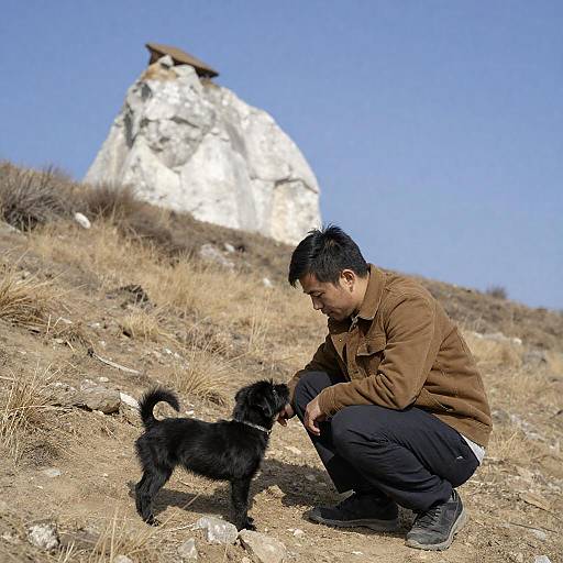 Man and Black Dog on Rocky Hillside