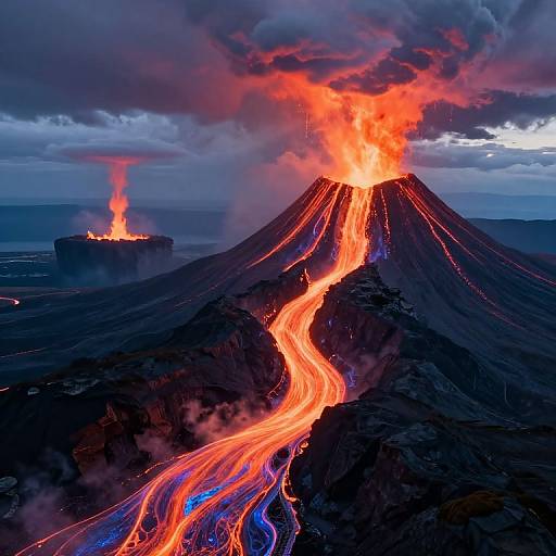 Photograph of an erupting volcano with bright orange lava flows down its sides, glowing against a dark, cloudy sky and volcanic landscape.