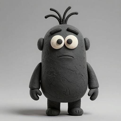 CGI 3D cartoon character: black, textured, round-bodied creature with large white eyes, small arms, and legs, and two antennae
