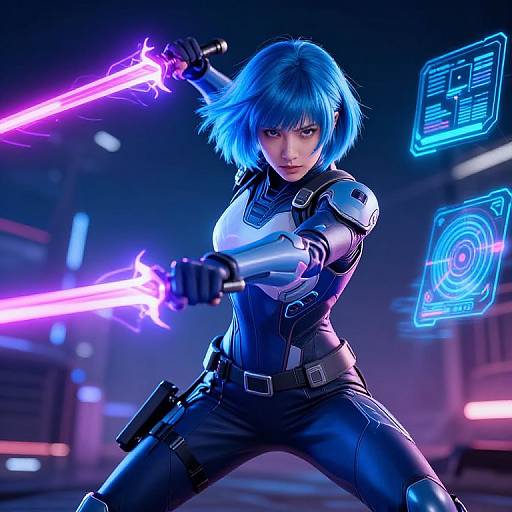 CGI image of a blue-haired, armored female warrior with glowing purple energy swords, standing in a neon-lit, futuristic urban environment.