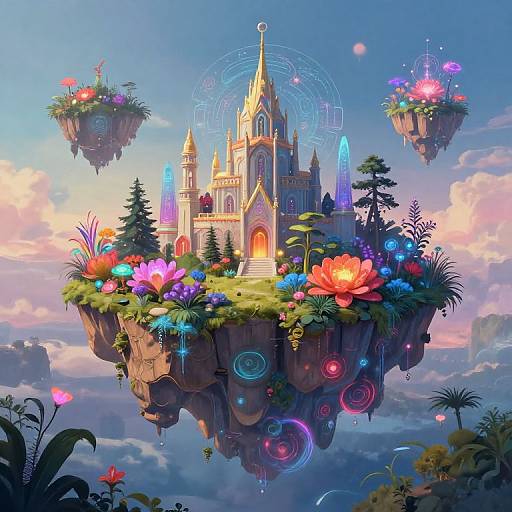 Digital fantasy artwork of a glowing, flower-adorned floating castle surrounded by three floating gardens, set against a colorful, cloudy sky.