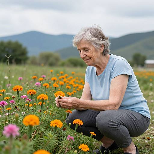 Elderly woman with short gray hair, in light blue shirt and gray pants, crouches among vibrant orange and pink marigolds in a