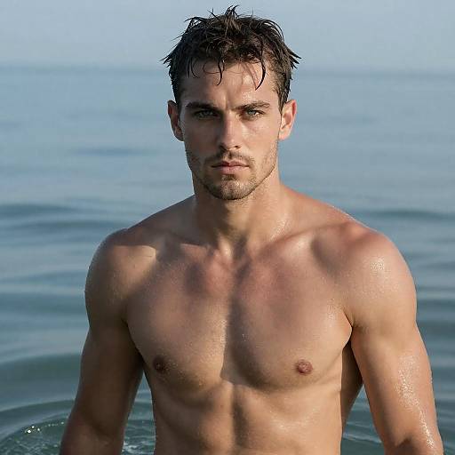 Shirtless Muscular Man in Shallow Water