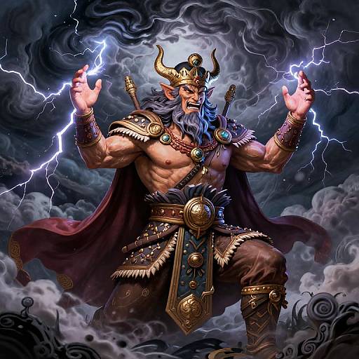 Digital fantasy artwork of a muscular, bearded, horned god with glowing blue eyes, wielding lightning bolts, wearing ornate golden armor and cape.