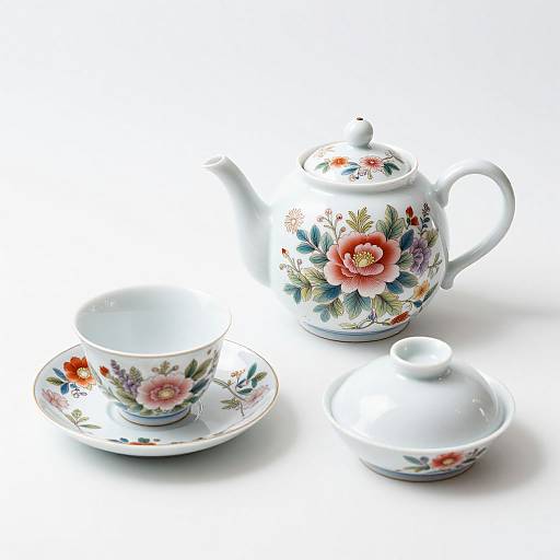 Photograph of a white floral-patterned teapot, cup, saucer, and lid set, featuring colorful roses and leaves on a white background.