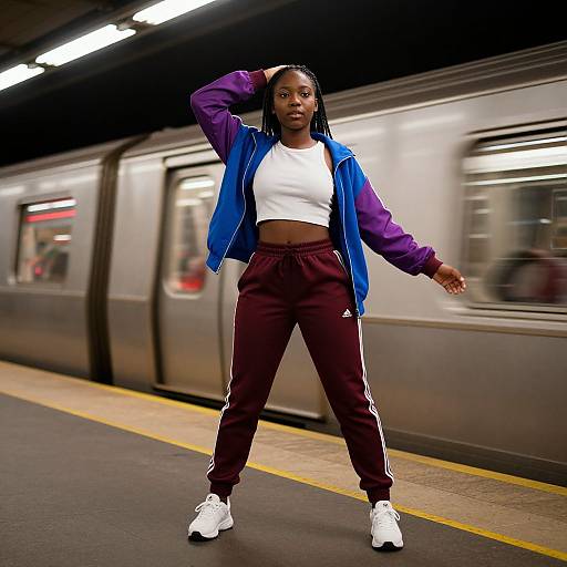 Photograph of a confident Black woman in a blue jacket, white crop top, maroon track pants, and white sneakers, standing on a subway platform