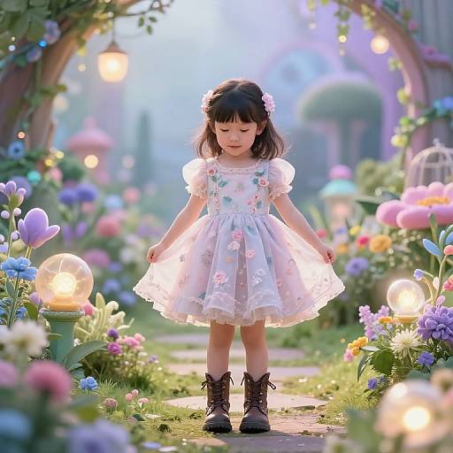 Photograph of a cute young Asian girl with black pigtails, wearing a white floral dress and brown boots, standing in a magical, glowing flower