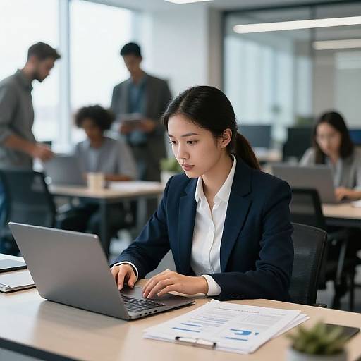 Photograph of focused Asian woman in black suit and white shirt, typing on laptop in modern office, with blurred colleagues working in background. Bright, professional