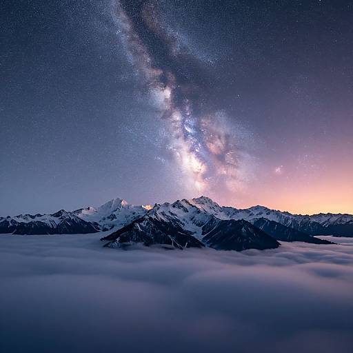 Photograph of a snow-covered mountain range under a vibrant night sky with the Milky Way galaxy visible, glowing brightly above.