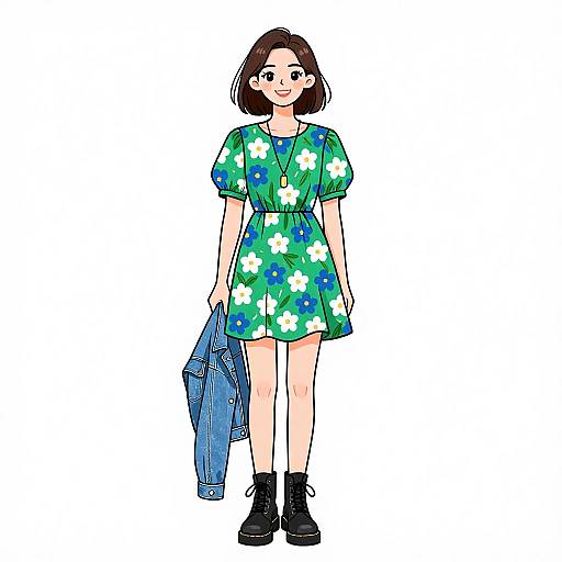 Chic Woman in Floral Dress with Denim