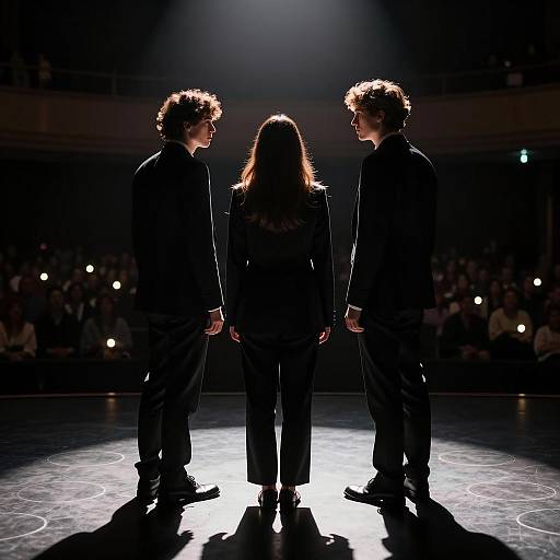 Three People on Stage in Dark Suits