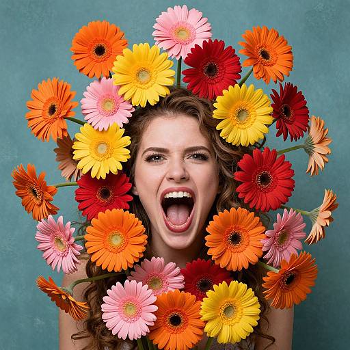 Photograph of a woman with wavy brown hair, mouth wide open in excitement, surrounded by vibrant orange, yellow, pink, and red gerber