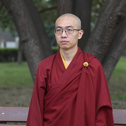 Asian Buddhist Monk in Red Robe Outdoors