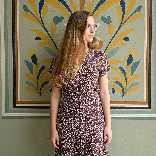 Woman in Brown Floral Dress by Patterned Wall