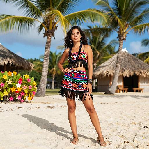 Confident Woman in Polynesian Beachwear