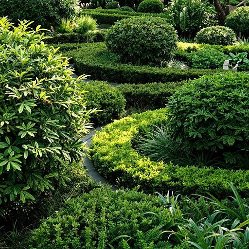 Photograph of a lush, meticulously manicured garden with dense green shrubs, vibrant yellow foliage, and a winding narrow path.