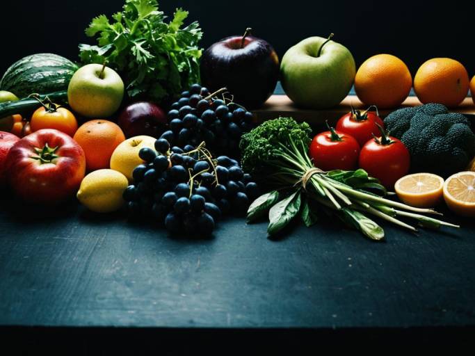 Assortment of Fresh Fruits and Vegetables on Dark Table