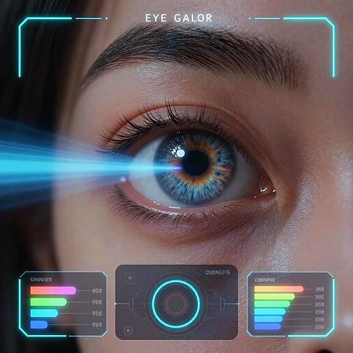 Close-up photograph of a blue-eyed person's right eye with a blue laser beam scanning the iris. Digital interface with color charts and lens icon overlays the