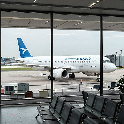 Photograph of an Asiana Airlines Boeing 747 on a runway viewed through a large airport window, with black chairs in the foreground.