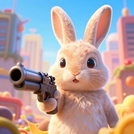 CGI image of a cute, fluffy white rabbit with big black eyes, holding a black gun, in a bright, colorful urban background.
