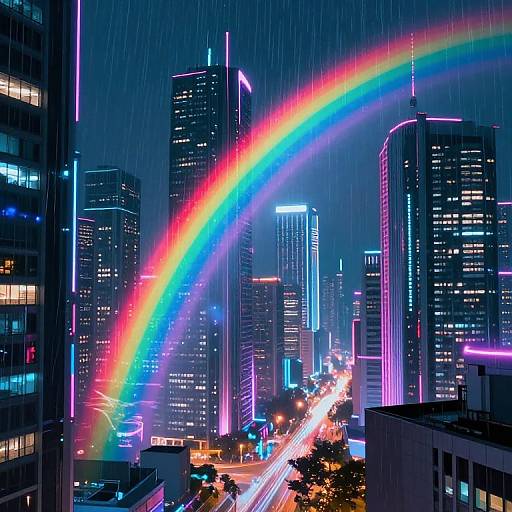 Photograph of a vibrant cityscape at night with a neon-lit rainbow arching over skyscrapers, rain falling, and colorful lights reflecting on