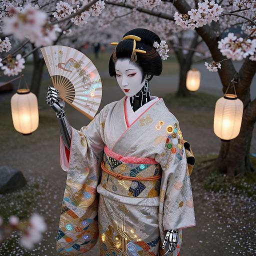 Photograph of a pale-skinned, black-haired geisha with red makeup, wearing an ornate white kimono, holding a fan, under cherry