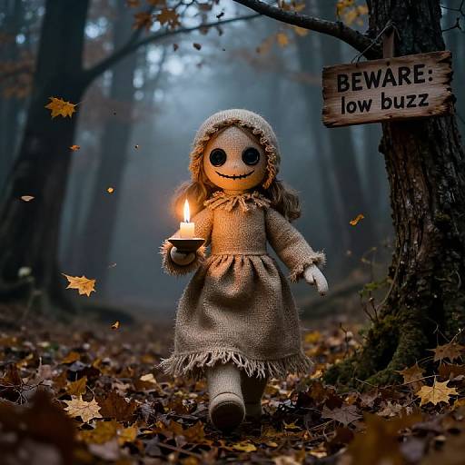 Photograph of a creepy, stitched doll in a burlap dress holding a candle, standing in a foggy, autumn forest with a 