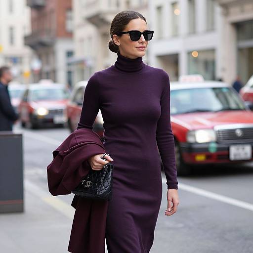 Photograph of a stylish woman in a long, form-fitting, dark purple turtleneck dress, black sunglasses, and carrying a maroon coat