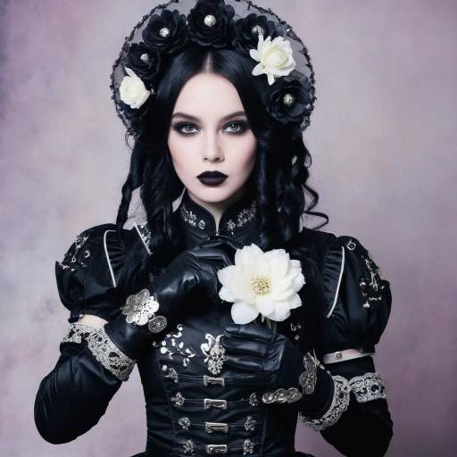Gothic Woman in Black Dress Holding White Flower