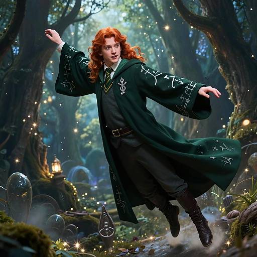 Realistic Red-Haired Wizard Flying Portrait