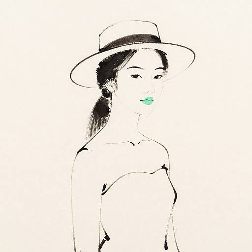 Minimalist Ink and Wash Portrait of Woman with Hat