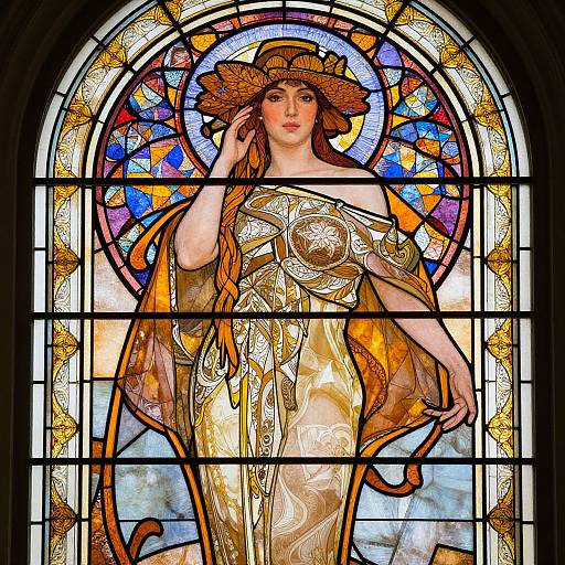 Stained glass art of a serene, fair-skinned woman with brown hair, wearing a golden, flowing dress and large sun hat, surrounded by colorful