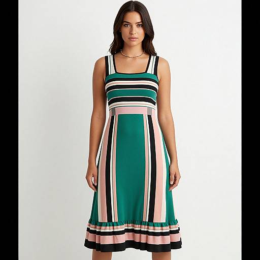 Photograph of a dark-haired woman wearing a sleeveless, knee-length green dress with black, white, and pink stripes, standing against a plain white
