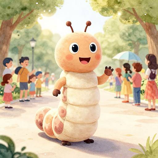 Digital illustration of a cute, cartoonish, white segmented worm character with black antennae and eyes, waving in a sunny park with children and adults in